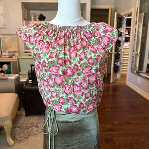 SFERRA Pink and Green Floral Cap-Sleeve Blouse